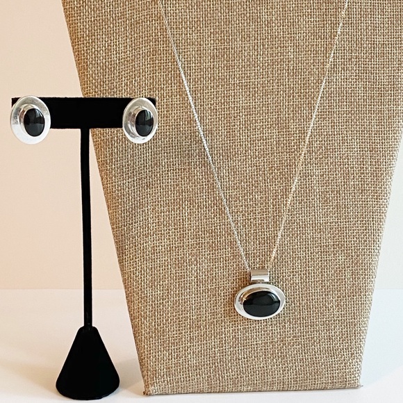 Black Stone 925 Mexico Earrings &  Necklace Set - Picture 1 of 10